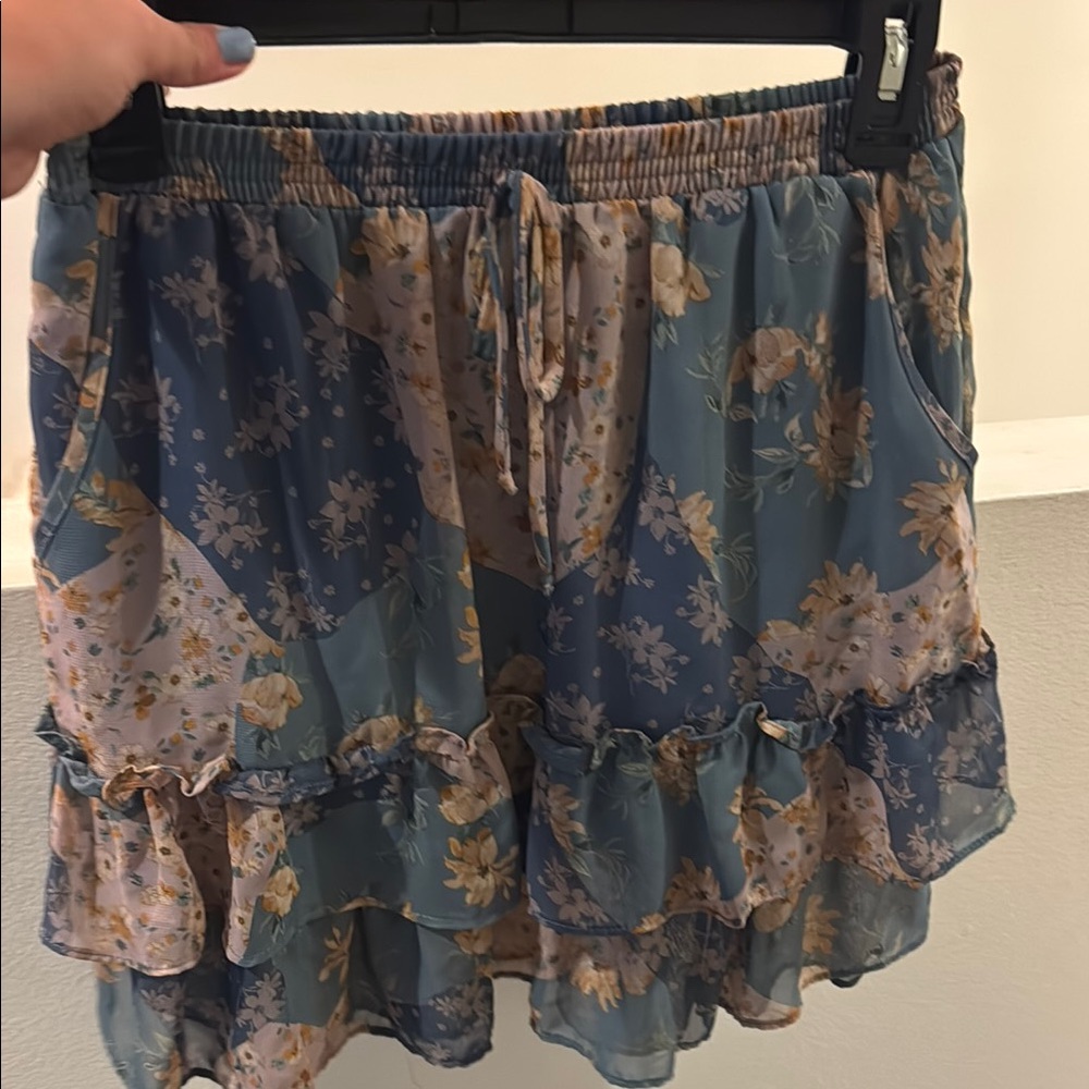 Sienna Sky Floral Patchwork Mini Skirt - Blue and Cream